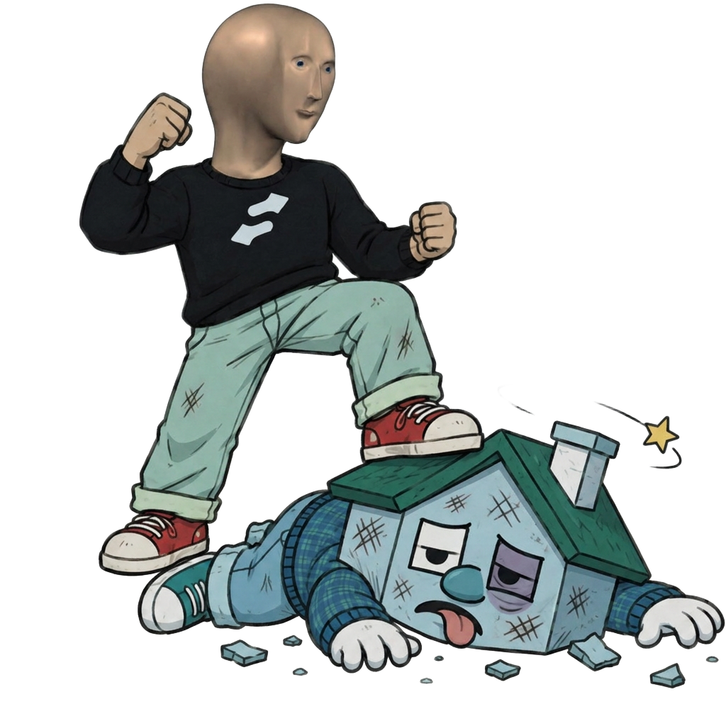 Stonk Guy standing over a knocked-down house